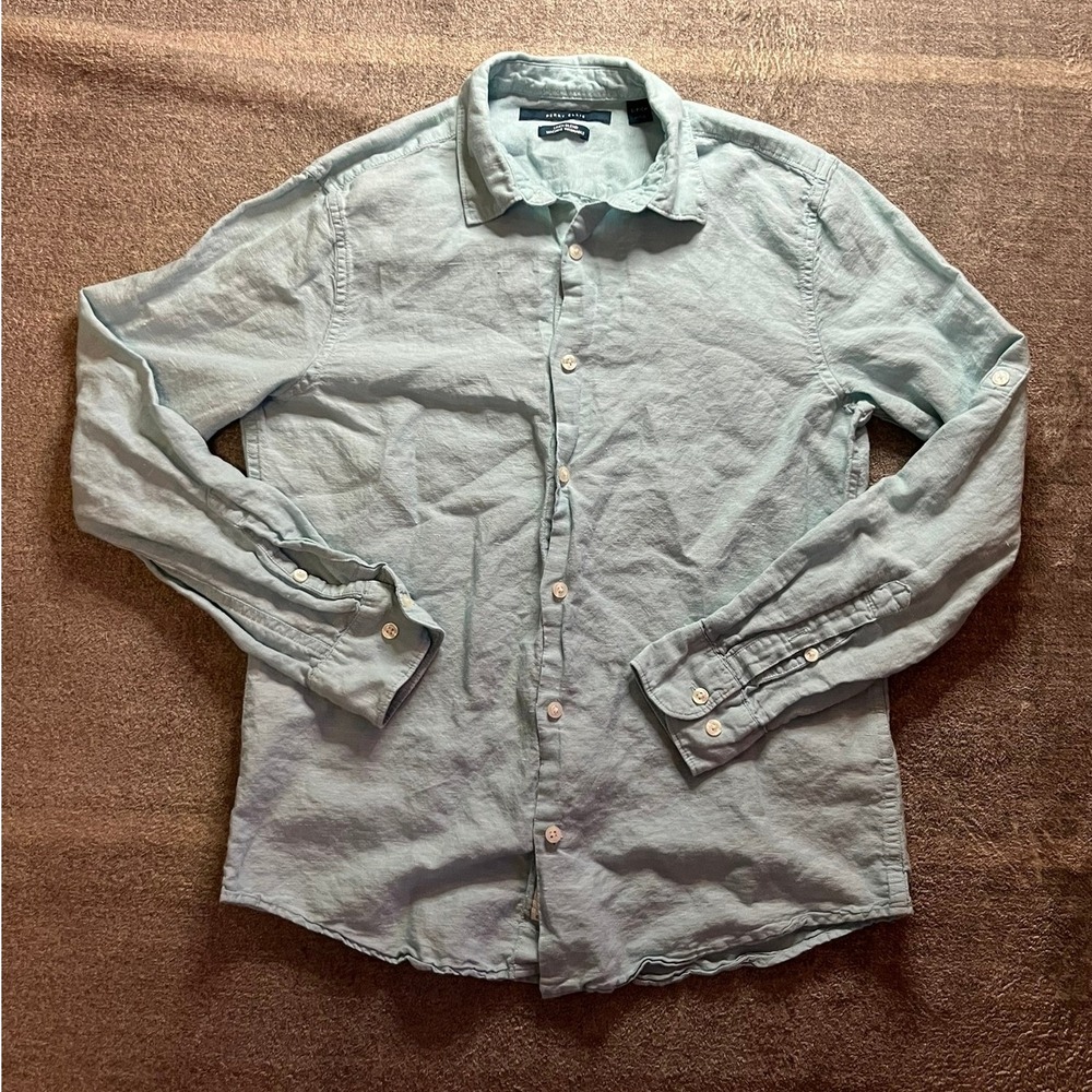 Perry Ellis Mens Linen Blend Button Down Shirt Light Blue Long Sleeve Small